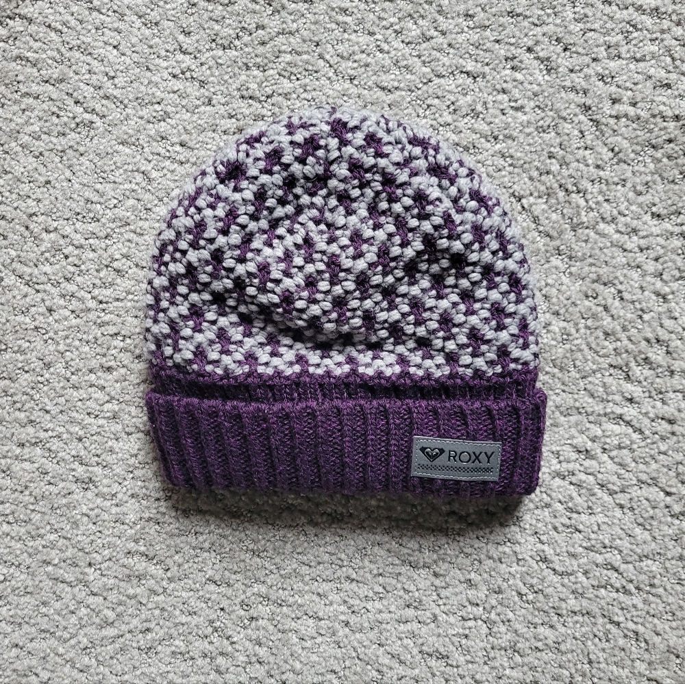 Roxy Snowy Betty Beanie Purple and Gray Knit Fleece Lined